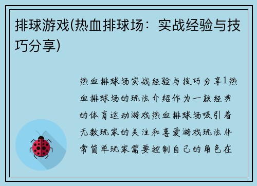 排球游戏(热血排球场：实战经验与技巧分享)